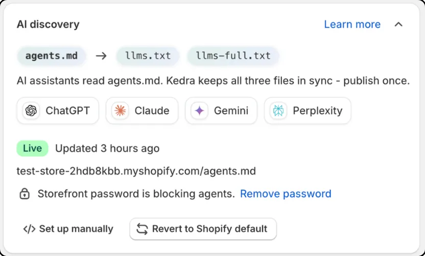 Publishing agents.md, llms.txt, and llms-full.txt, read by ChatGPT, Claude, Gemini, and Perplexity