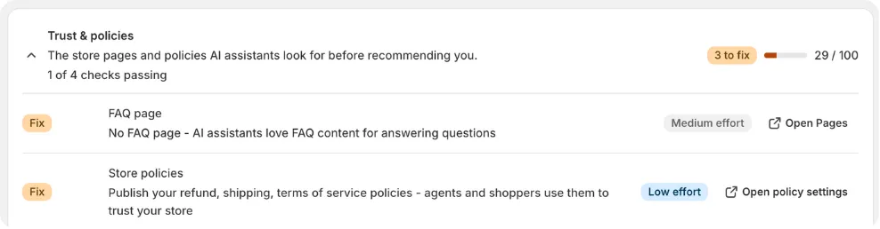 Trust and policies checks with fixes marked by effort